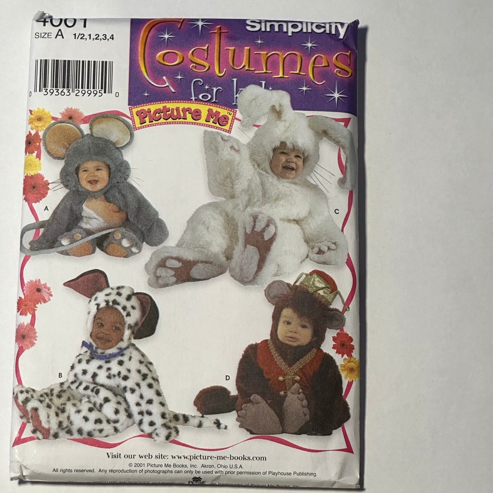 Simplicity 4001 Sewing Pattern Toddlers Animal Costumes Size A 1/2-4 Uncut
